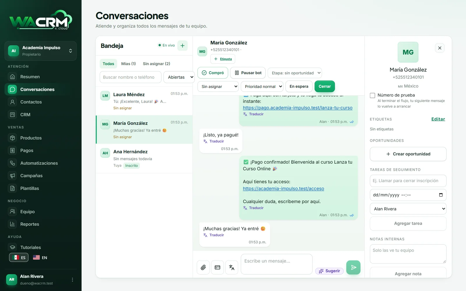 Conversación en la bandeja de WACRM: la clienta paga y recibe su acceso al curso