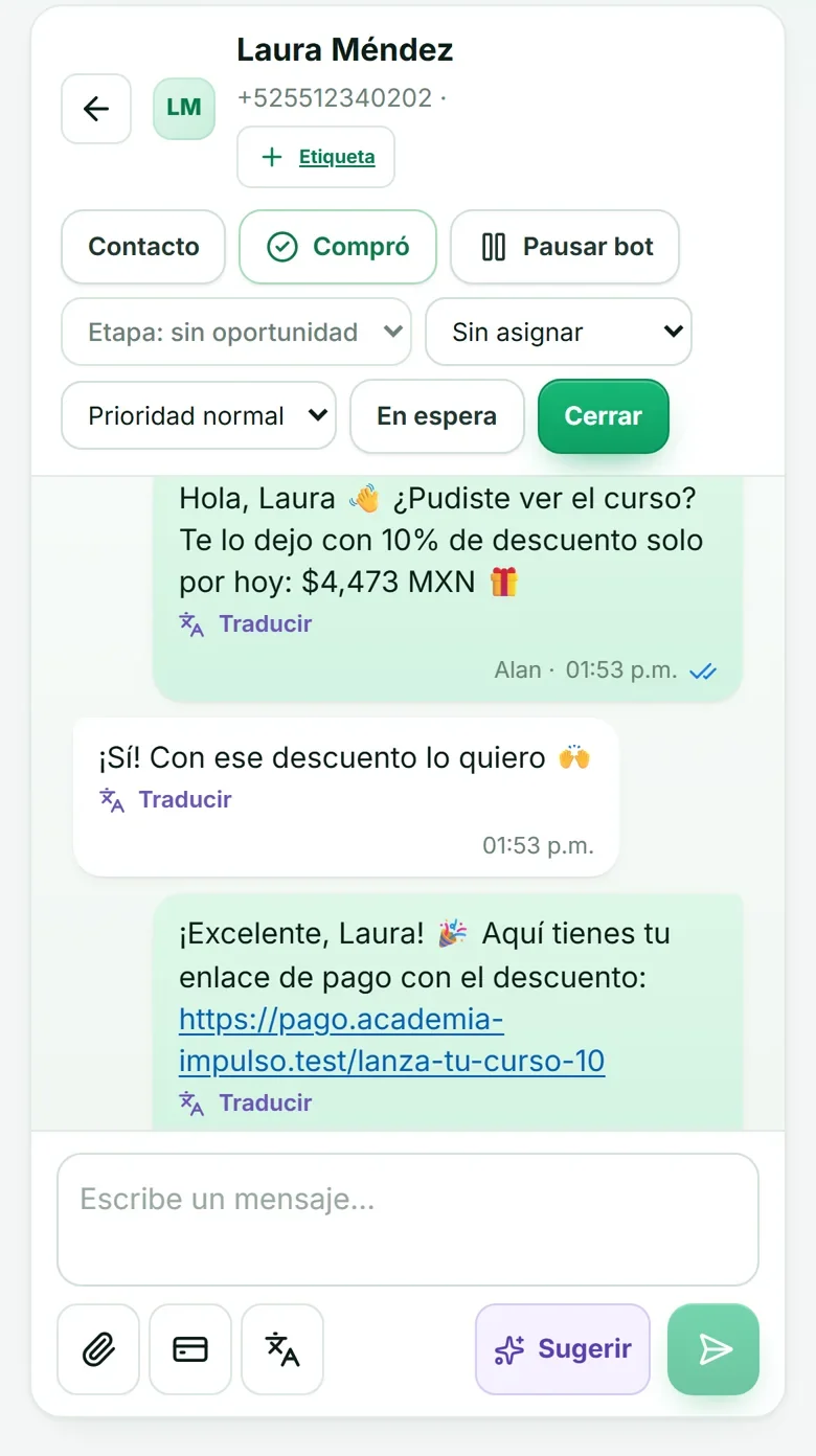 WACRM en el celular: recordatorio con 10% de descuento y la clienta responde que lo quiere